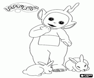 desenho de Laa-Laa brincando com alguns coelhos para colorir