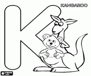 desenho de Letra K, com um canguru e um bebê urso para colorir