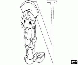 desenho de Letra N com uma bebê enfermeira para colorir
