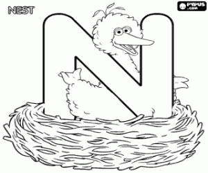 desenho de Letra N no ninho do Big Bird para colorir