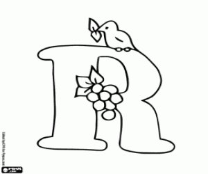 desenho de Letra R, um pássaro e frutas para colorir