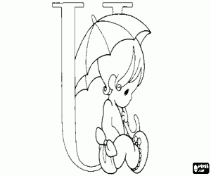 desenho de Letra U com um bebê e um guarda-chuva para colorir