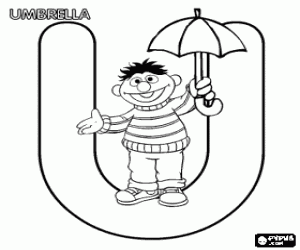 desenho de Letra U com Ênio e um guarda-chuva para colorir