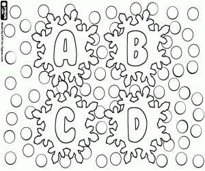 desenho de Letras A, B, C, D com flocos de neve para colorir