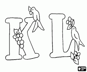 desenho de Letras K e L com pássaros e frutas para colorir