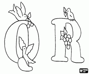 desenho de Letras Q e R, com pequenas aves para colorir