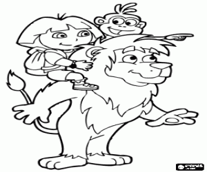 desenho de O leão com Dora e o macaco para colorir