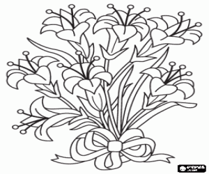 desenho de Lírios Bouquet com fita para colorir