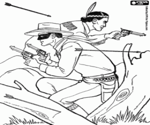 desenho de Lone Ranger e Tonto em defesa para colorir