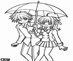 desenho de Luchia e o Kaito com um guarda-chuva para colorir
