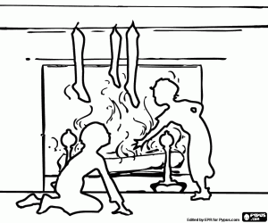 desenho de Luz de fundo com lareira e crianças para colorir