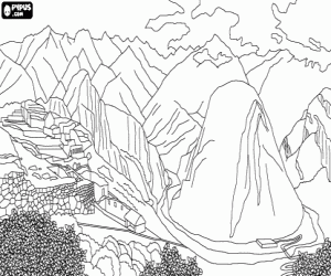 desenho de Machu Picchu, santuário inca, Peru para colorir