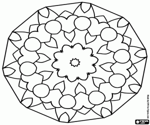 desenho de Mandala de poligonal com corações para colorir
