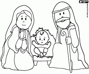 desenho de Maria, José e Jesus na manjedoura para colorir