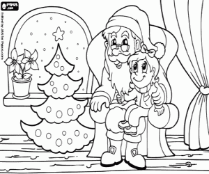 desenho de Menina com Papai Noel para colorir