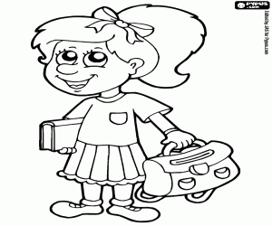 desenho de Uma menina com livro e com bolsa escolar para colorir