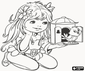 desenho de Uma menina e o pássaro canta para colorir