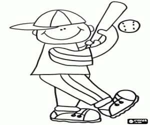 desenho de Um menino brinca com o taco de beisebol para colorir