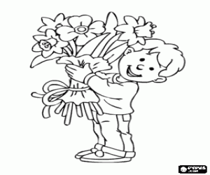 desenho de Menino e um buquê de flores para mamãe para colorir