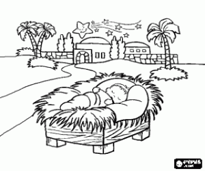 desenho de O menino Jesus dorme em Belém para colorir