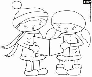 desenho de Menino e menina cantando canções de Natal para colorir