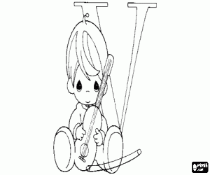 desenho de Menino e violino com letra V para colorir