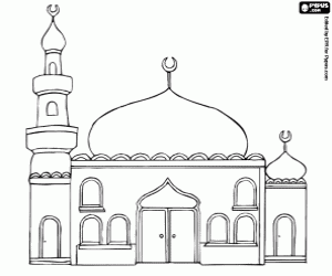 desenho de Mesquita com cúpulas e minarete para colorir