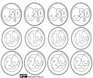 desenho de Moedas de Pypus de 0,50, 1 e 2 para colorir