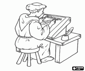 desenho de Monge medieval com um pergaminho para colorir