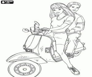 desenho de Motocicleta scooter com garota e garoto para colorir
