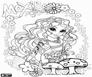 desenho de Moxie Girlz com flores e cogumelos para colorir