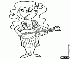 desenho de Uma mulher havaiana com o ukulele para colorir