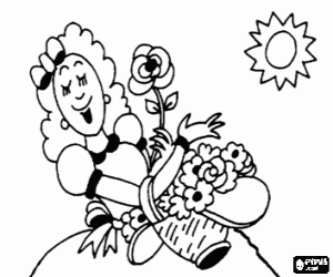 desenho de Uma mãe feliz com flores para colorir