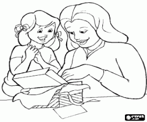 desenho de Mãe e filha com o presente para colorir
