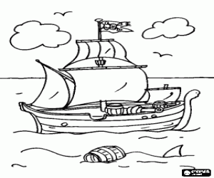 desenho de O navio pirata e o tubarão para colorir