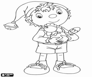 desenho de Noddy com uma galinha em seus braços para colorir
