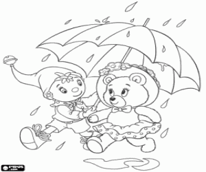 desenho de Noddy e Tessie com um guarda-chuva para colorir