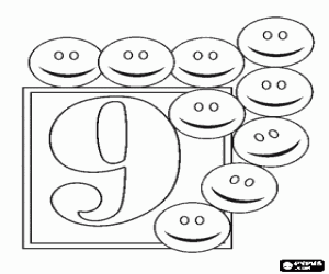 desenho de Nove smileys e o número 9 para colorir