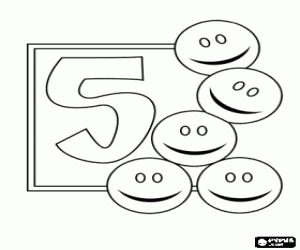 desenho de Número 5 divertido com cinco smiley para colorir