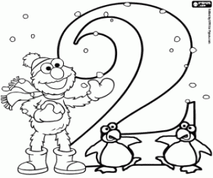 desenho de Número 2, Elmo com dois pinguins para colorir