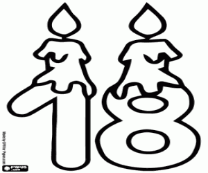 desenho de O número dezoito com velas para colorir