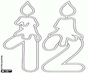 desenho de Número doze com velas, linha fina para colorir