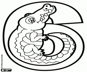 desenho de Número seis, um crocodilo para colorir