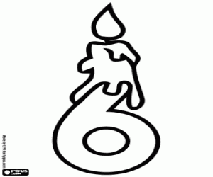 desenho de Número seis e vela de aniversário para colorir