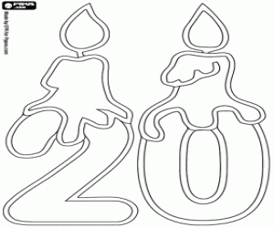 desenho de Número vinte e com velas de aniversário para colorir