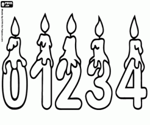 desenho de Números de 0 a 4 e velas de aniversário para colorir