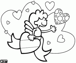 desenho de O anjo do amor entre corações para colorir