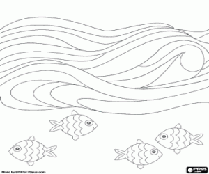 desenho de O oceano com ondas e peixes para colorir