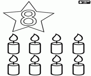 desenho de Oito velas e o número 8 para colorir
