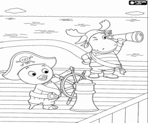 desenho de Pablo e Tyrone em um navio pirata para colorir